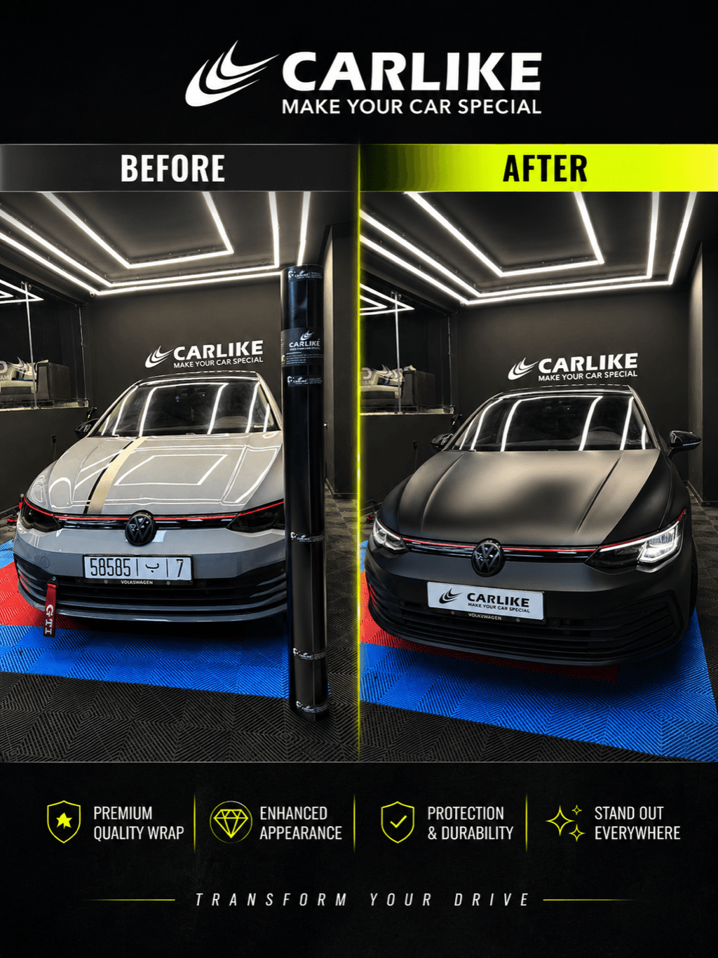 Volkswagen Golf avant et après covering : carrosserie argent transformée en gris foncé mat, une alternative au covering noir mat